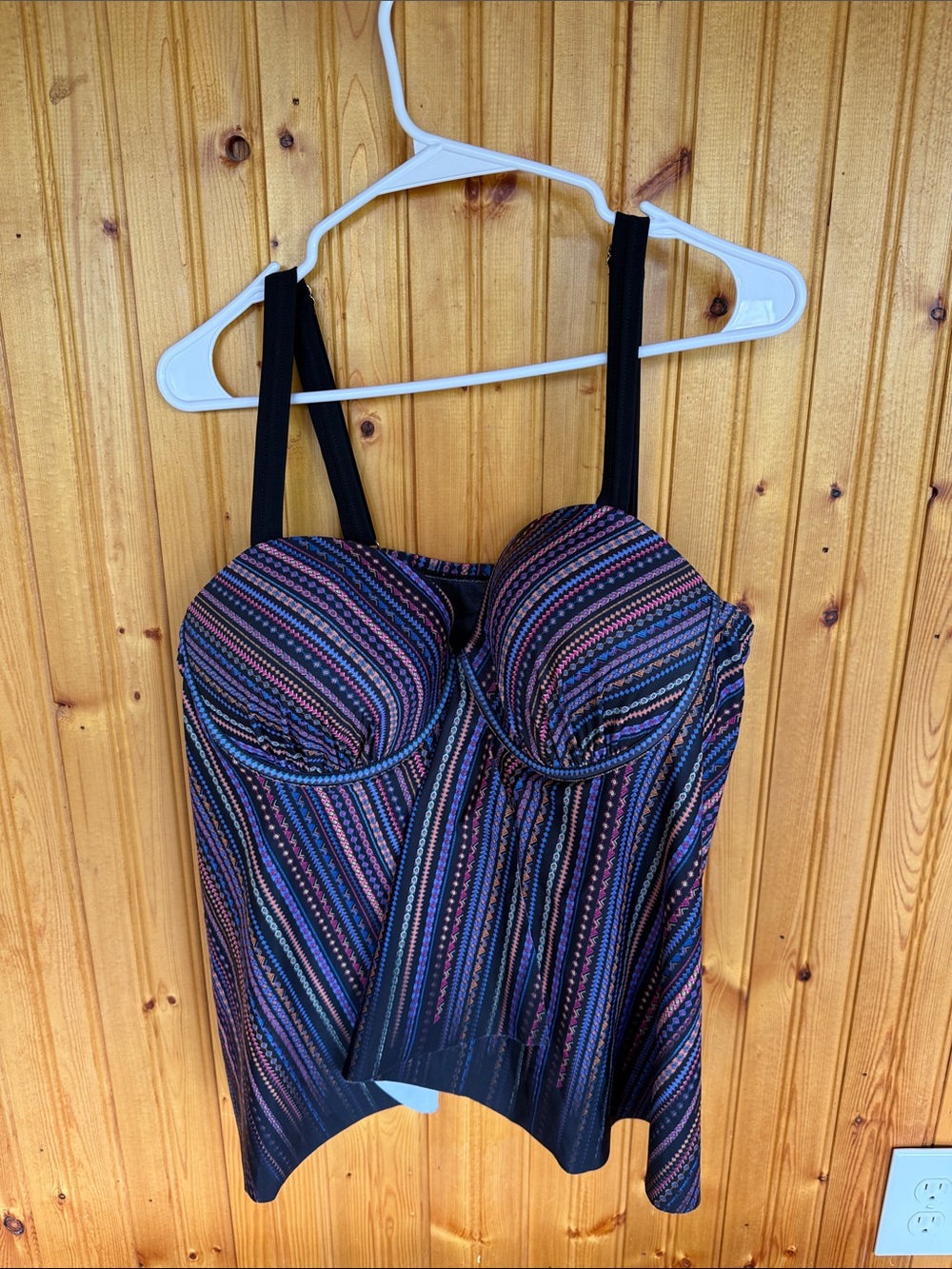 Striped Black Multi color women’s swim top with Molded Cups